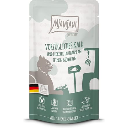 12x125g MjAMjAM Quetschie Kalf & Kalkoen nat kattenvoer
