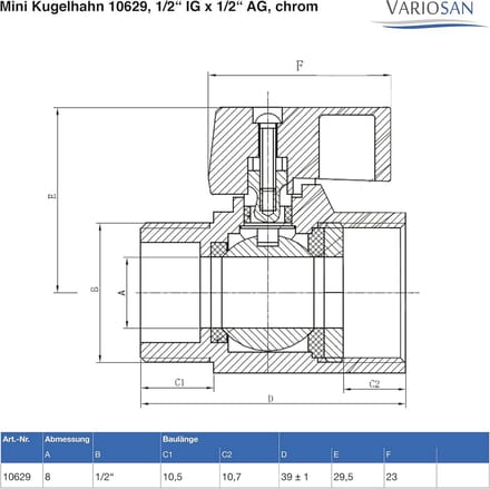 Mini kogelkraan 3/8" IG x 3/8" AG voor watervoorzieningen en verwarming