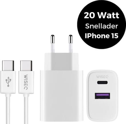 Snellader met USB A en USB C poort – inclusief USB C naar USB C kabel 3 meter – wit – WiseQ