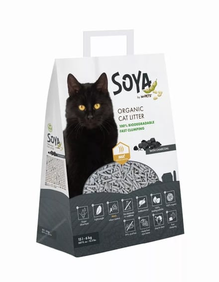 M-PETS SOYA organische kattenbakvulling 6kg 15L houtskool