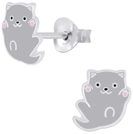 Joy|S - Zilveren kat poes oorbellen - 8 mm - kitten grijs