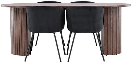Härön eethoek tafel 90x200cm en 4 fluwelen stoelen met armleuningen mocca.