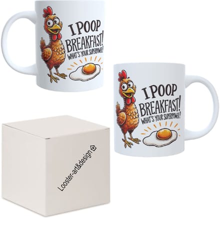 Koffie beker - thee mok - tekst I poop breakfast what`s your superpower - grappige kip