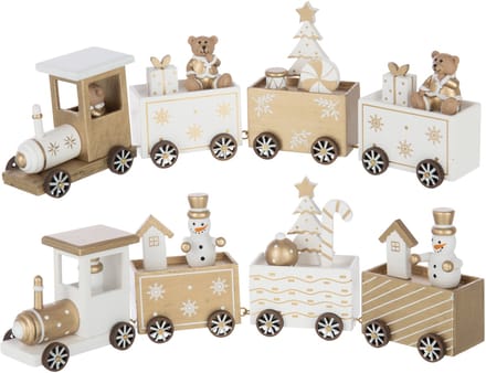 J-Line Trein Beer + Sneeuwman Multiplex Wit/Goudkleurig Assortiment Van 2