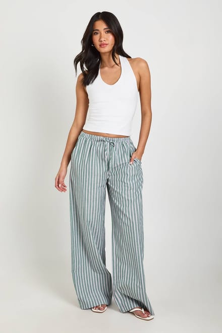 boohoo Dames Geweven Gestreepte Broek Met Elastische Taille En Wijde Pijpen | Groente | Maat: 44