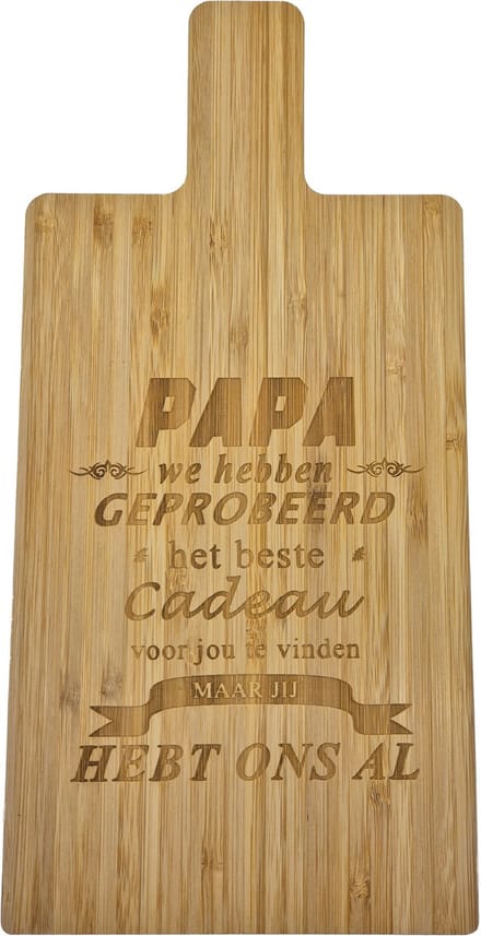 Passie voor Stickers Snijplank van Bamboe met gelaserde tekst: Papa we hebben geprobeerd het beste cadeau