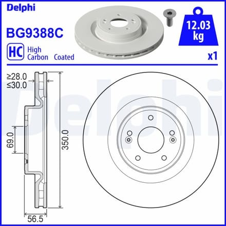 Remschijf DELPHI BG9388C voorkant, geventileerd, sterk gecarboniseerd, 1 Stuk