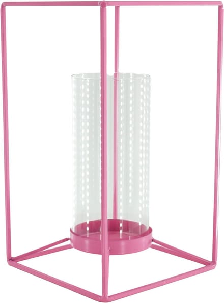 Housevitamin- Kaarshouder- Windlicht - Metaal/Glas - Fluor Roze - 12,5x12,5x20cm