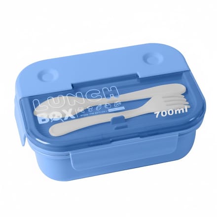 Cheffinger, Voedselcontainer 700ml 3 Compartimenten met Lepel en Vork, Blauw