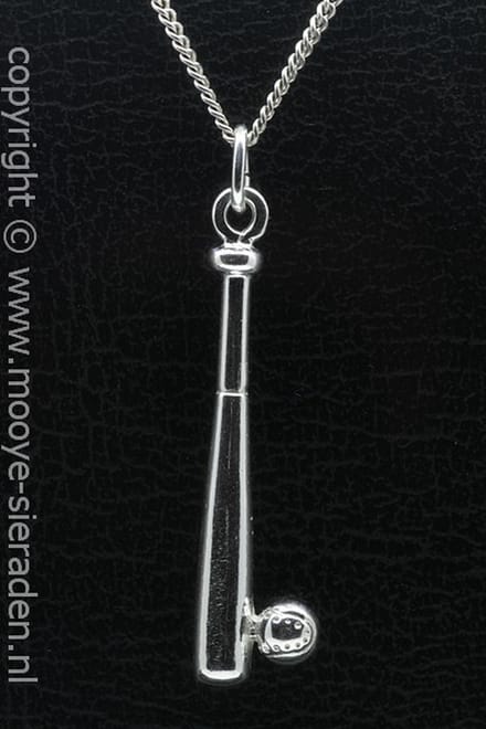 Zilveren Honkbalknuppel met bal XL ketting hanger
