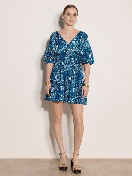 Katoenen mini-jurk met bubbelzoom in paisleyprint