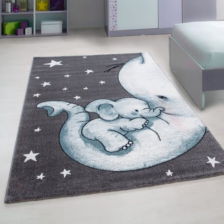Flycarpets Flycarpets - Kids Kinderkamer Olifant Blauw Vloerkleed - 200x290 cm