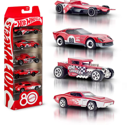 Hot Wheels Core Mattel 80e Verjaardag 5-Pack Speelgoedauto's op Schaal 1:64 met Verzamelbare Decoratie