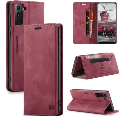 Luxe Flip Case met RFID Bescherming Kaarthouder en Magneetsluiting voor Samsung Galaxy S21 FE 5G _ Rood