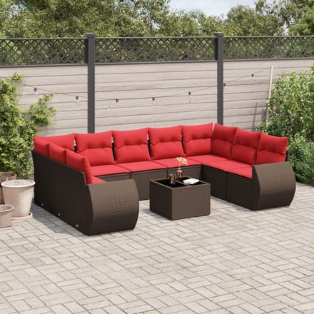 vidaXL - 10-delige - tuinbankset - met - kussens, - bruin - polyrotan