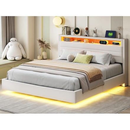ModernLuxe Gestoffeerd linnenopbergbed 160x200 cm - met USB-aansluiting en LED - Beige