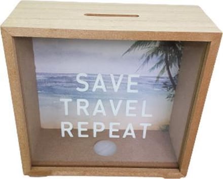 Spaarpot met tekst ''SAVE TRAVEL REPEAT'' - Bruin - Hout - 17 X 17 cm