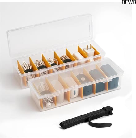 RFWR® Kabelorganizer box met 16 kabelbinders – Transparante kabelopbergdoos voor bureau en thuis