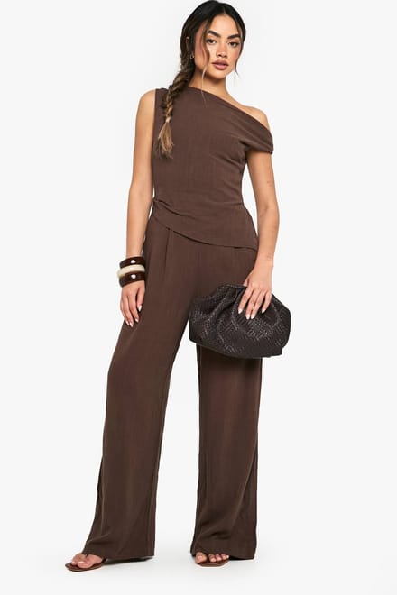 boohoo Dames Linnen Look Twist Strap Jumpsuit | Chocoladebruin | Maat: 40