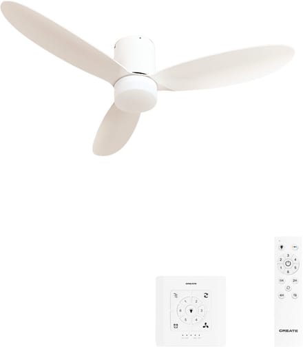 CREATE - 40W stille plafondventilator Ø132 cm - Wit - Met licht - Controller voor wandmontage + afstandsbediening - WIND LITE