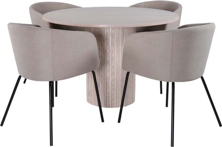 Bianca eethoek tafel whitewash en 4 berit stoelen beige.