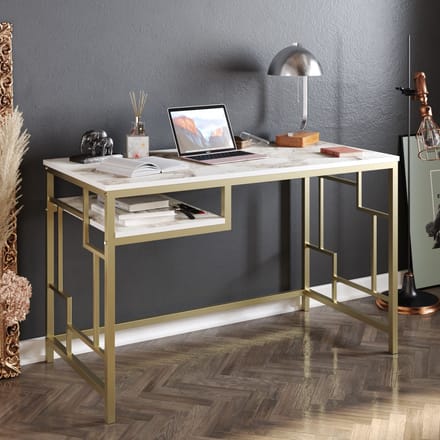 Bureau - Stijlvol Goud & Wit Design - Ruim Opbergvak - 120x75x60cm - Marmerlook Melamine Afwerking