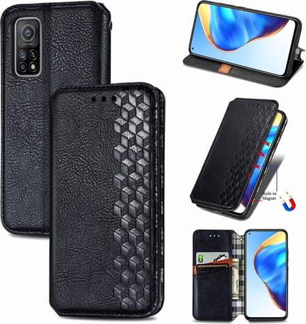 Luxe PU Lederen Ruitpatroon Wallet Case + PMMA Screenprotector voor Xiaomi Mi 10T / 10T Pro 5G _ Zwart