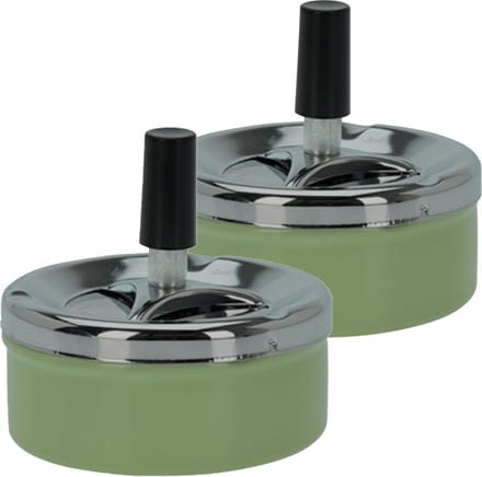 Set van 2x stuks druk en draai tafel asbak metaal groen en chrome 9 x 5 cm