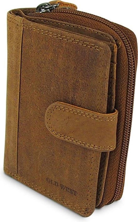 Old West Leren Portemonnee met Drukknoopsluiting en ritssluiting - Hunterleer - 10 Pasjes - RFID - Bruin