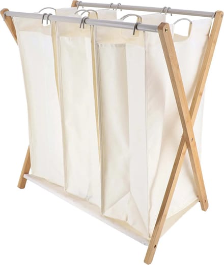 Tendance Wasmand met 3 compartimenten - bamboe hout - wit - inklapbaar - was sorteren