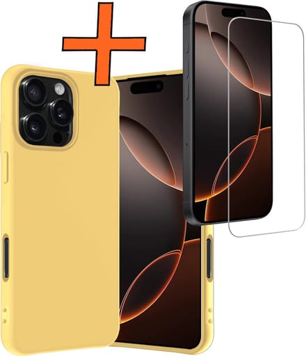 Hoes - Met Screenprotector - Geschikt voor Apple iPhone 16 Pro Max - Sterk & Shockproof - Back Cover - Siliconen Case - Telefoon Hoes - Geel