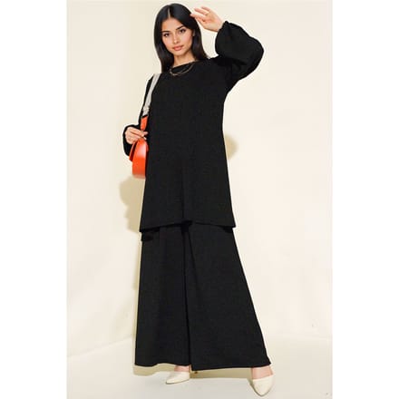 Textured Lange Mouwen Tuniek en Brede Pantalon Set