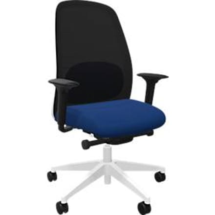 Interstuhl HEJis3 bureaustoel, synchroonmechanisme, armleuningen, FlexGrid lendensteun, netrugleuning, vlakke zitting, middenblauw/wit