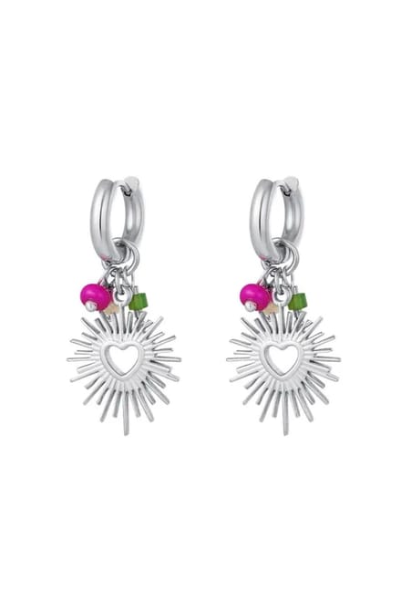 Yehwang - Stainless Steel Oorbellen - Hart - Kralen - Multicolour - Zilverkleurig