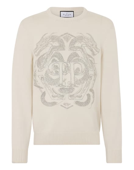 Embroidered Merino Wool Round Neck Pullover Hexagon Dragon