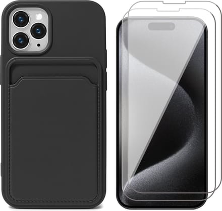 Hoesje Pasjeshouder geschikt voor iPhone 15 Pro Max - 2x Screenprotector GlassGuard - Siliconen Case Back Cover Zwart & Screen Protector