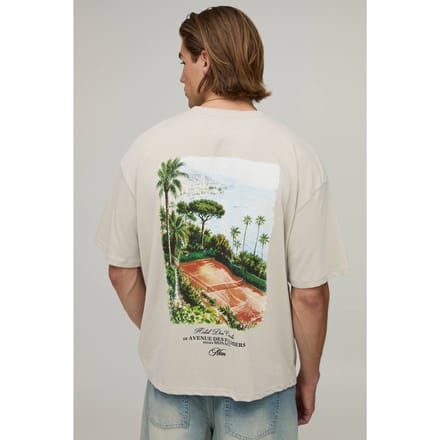 Oversized Boxy Heren Script Tennisbaan Print T-shirt | Stone | Size Small