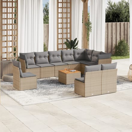vidaXL - 11-delige - Loungeset - met - kussens - poly - rattan - gemengd - beige