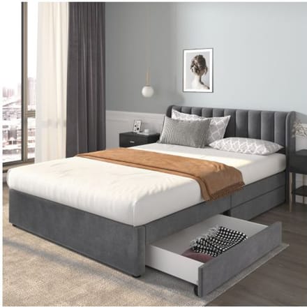 Lit - MUVOE - 160 x 200 cm - Velours gris - 2 tiroirs - Sommier à lattes gris