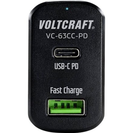 VOLTCRAFT CAS-63 USB-oplader 63 W 1x USB-A, 1x USB-C USB PD Zwart Auto USB Power Delivery (USB-PD)