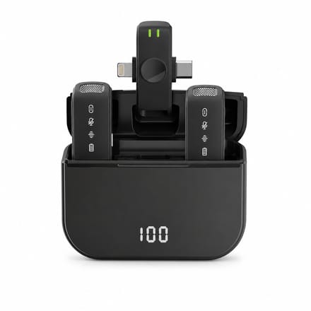 DrPhone VoxClip Draadloze Clip Microfoon – Lavalier USB-C & Compatibel met Lightning – 2 Microfoons – Noise Cancelling – 30m Bereik – Oplaadcase – Zwart