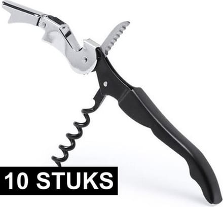 Kurkentrekker 3-in-1 - 10x - rvs metaal - zwart/zilver - 12 cm - wijnflessen