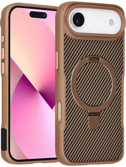 TUNIQ Back cover voor iPhone 17 Air - MagSafe - Ring Stand - Carbon Fiber - Goud