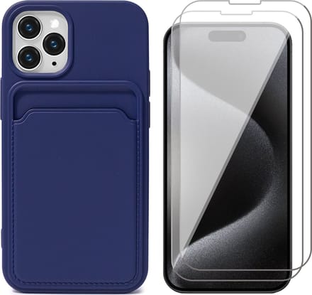Hoesje Pasjeshouder geschikt voor iPhone 15 Pro Max - 2x Screenprotector GlassGuard - Siliconen Case Back Cover Blauw & Screen Protector