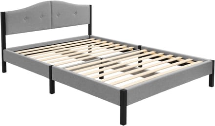 ML-Design Gestoffeerd bed 140x200 cm tweepersoonsbed, stabiel bedframe serie, linnen bedombouw met gecapitonneerd hoofdbord en lattenbodem, modern linnenbed met stevig stalen frame en houten poten, comfortabel grijs tweepersoonsbed voor slaapkamer