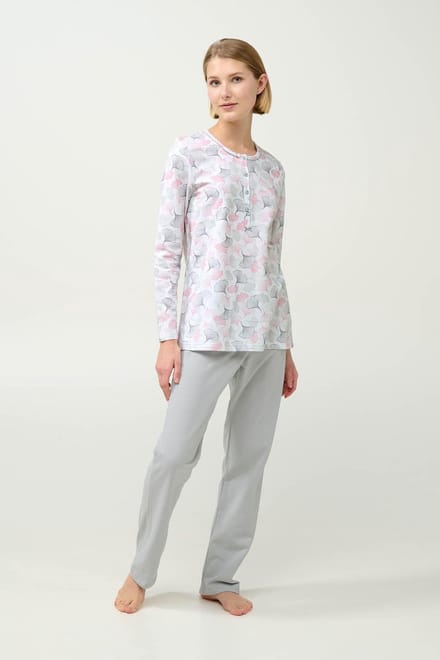 Vamp - Dames pyjama katoen met pastelblad print en knoopsluiting - M