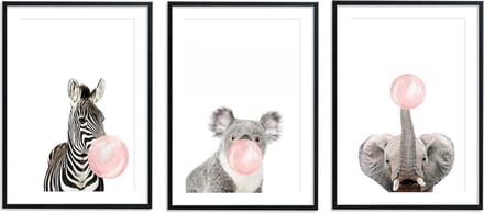 Kinderkamer/babykamer posters – 3 stuks - 30x40 cm – Zebra, koala & olifant