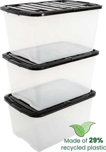 IRIS Topbox Opbergbox half te openen deksel - 45L - Kunststof - Transparant/Zwart - Set van 3