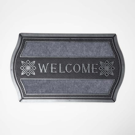 Homescapes gebogen deurmat “Welcome” 45 x 75 cm – antislip, zilvergrijs
