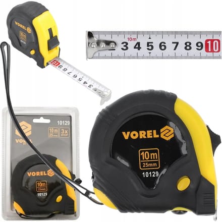 Vorel - Gele en Zwarte Rolmaat - 10m x 25mm - Roterende Haak